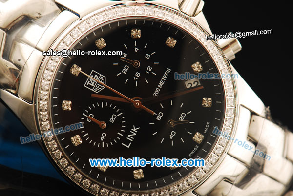 Tag Heuer Link Chronograph Quartz Movement Full Steel with Black Dial and Diamond Bezel - Click Image to Close